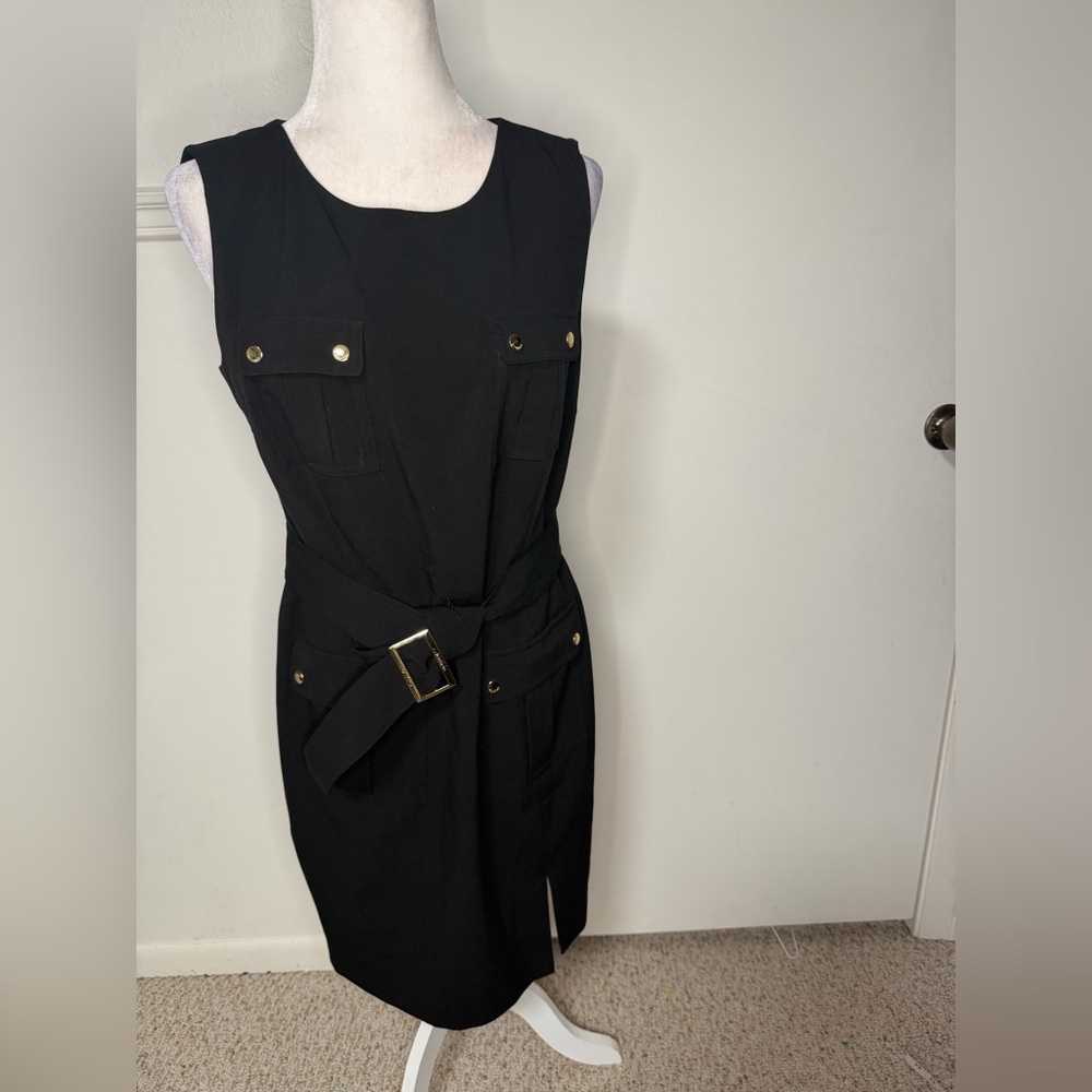 Calvin Klein Black Midi Dress with Gold Accents size 10